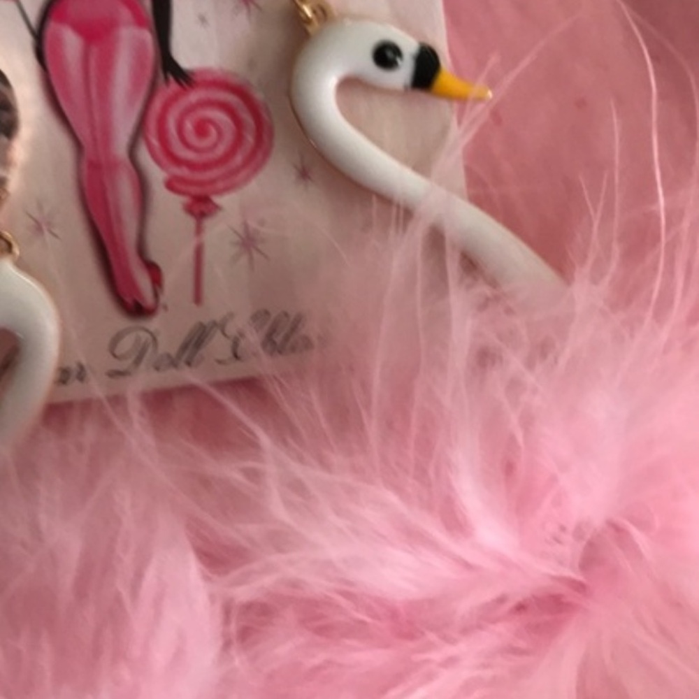 Pink swan barbie fur big pom pom earrings marabou pinup feather oh lollipop doll